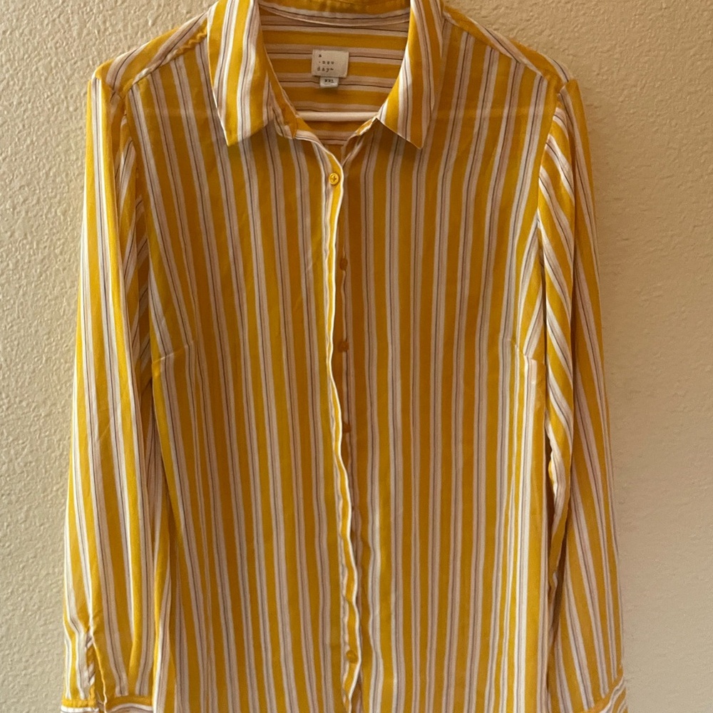 Yellow and White Striped Button-Up Shirt